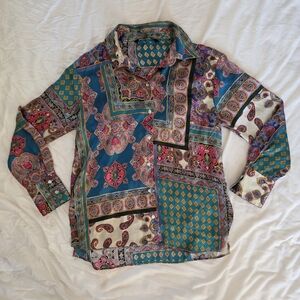 Zara Patchwork Paisley Mixed Print Button Down Blouse Teal Pink XS